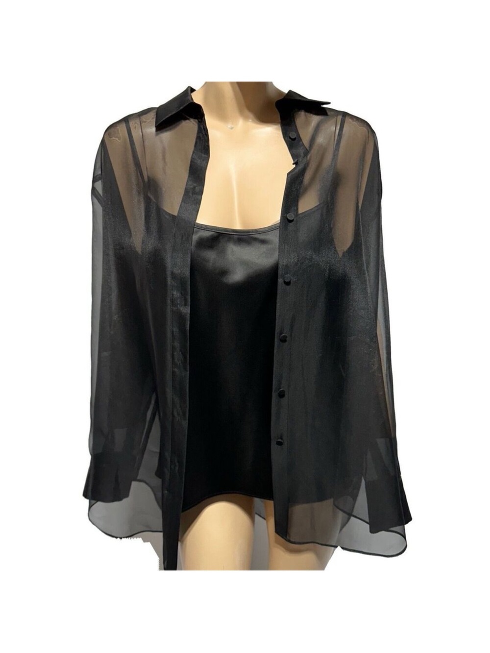 ANTONIO MELANI Black Sheer Button-Down Blouse with Satin Cami